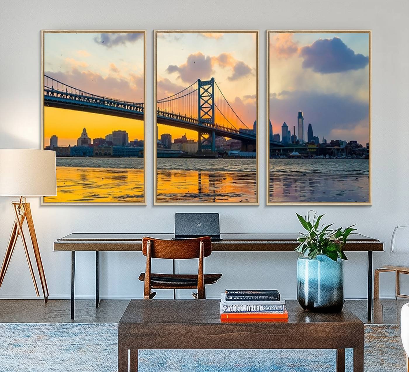 20098-MGV-FC-48X32-3P_Natural-Ben Franklin Bridge Wall Art Print – Philadelphia Skyline Sunset Canvas Wall Art