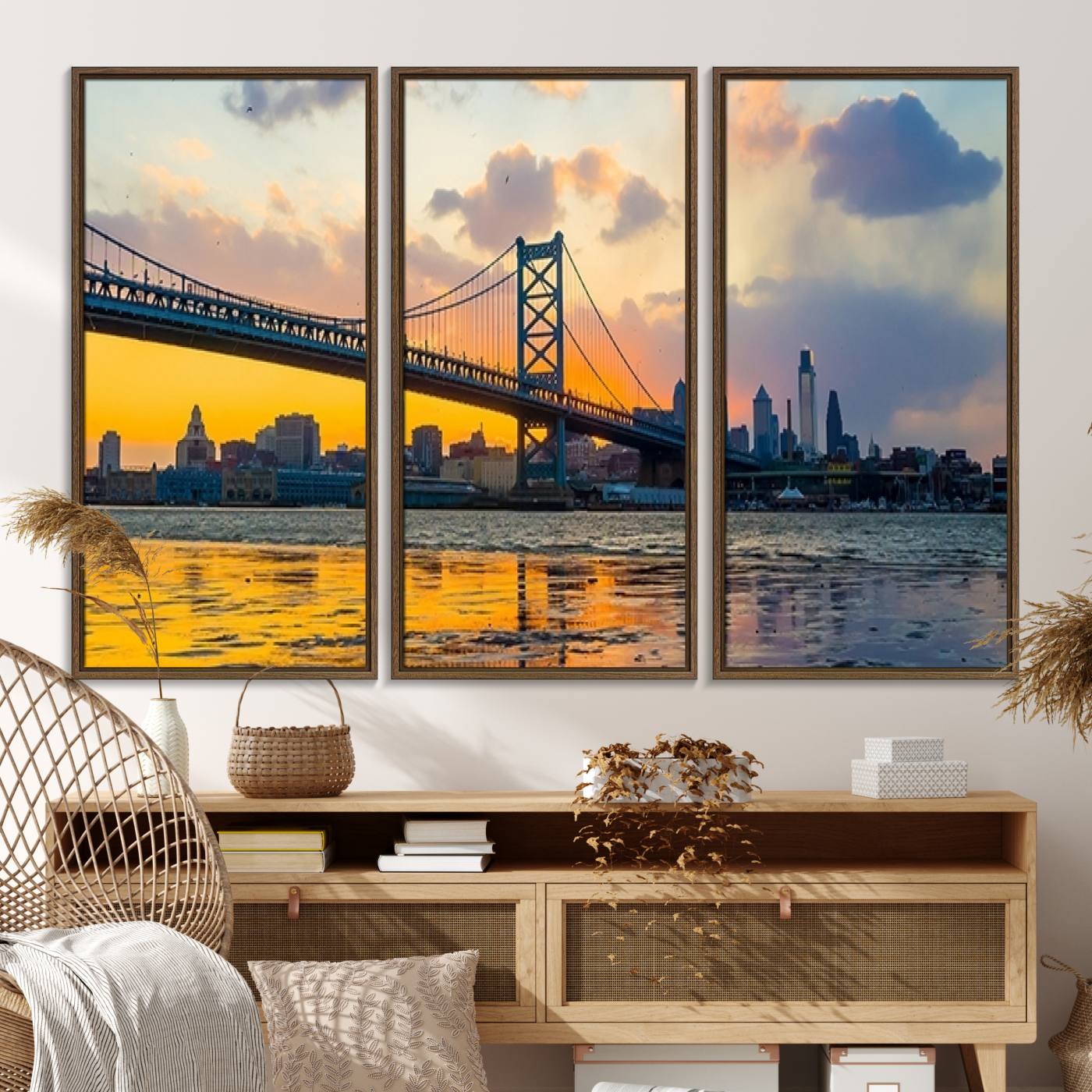 20098-MGV-FC-48X32-3P_Walnut-Ben Franklin Bridge Wall Art Print – Philadelphia Skyline Sunset Canvas Wall Art