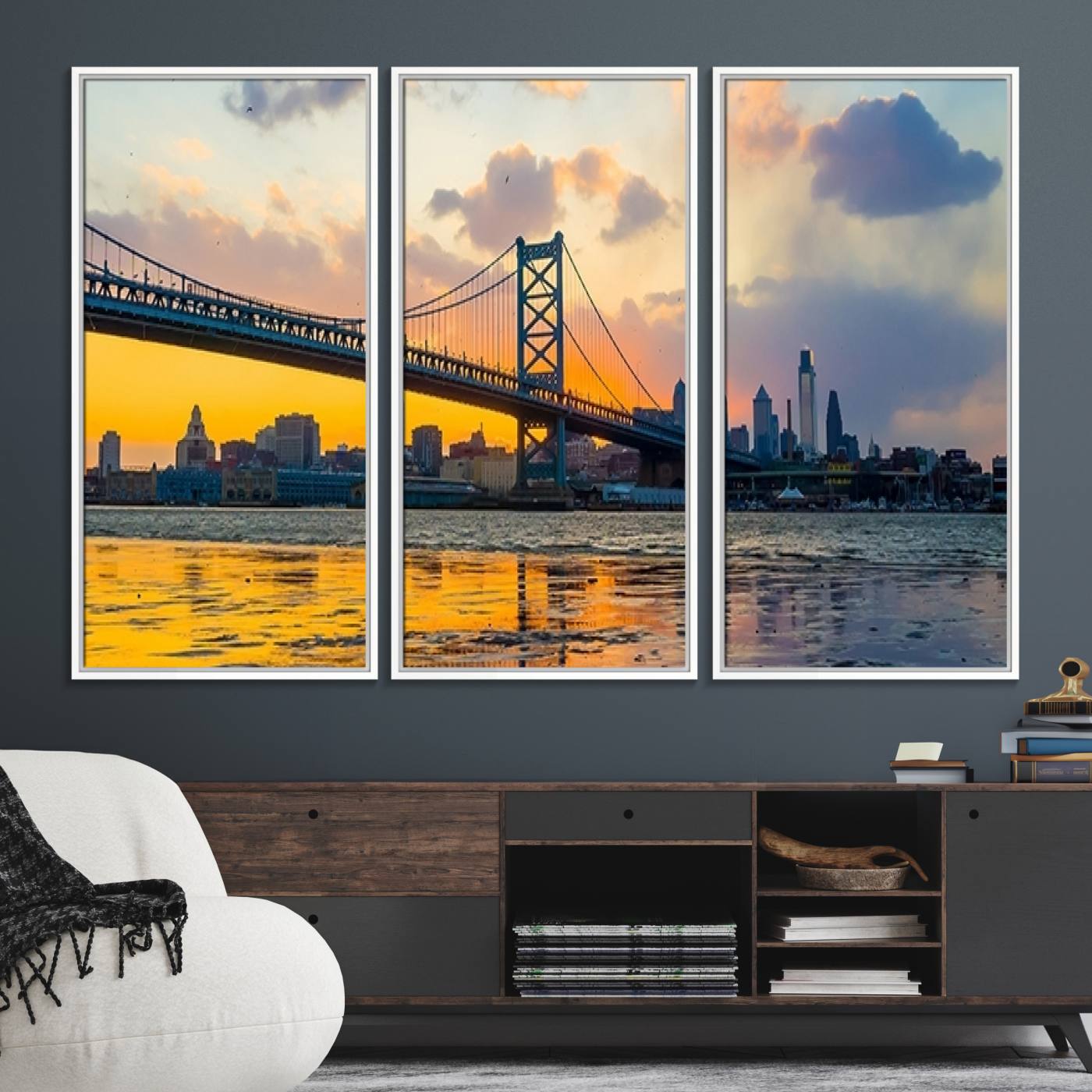 20098-MGV-FC-48X32-3P_White-Ben Franklin Bridge Wall Art Print – Philadelphia Skyline Sunset Canvas Wall Art