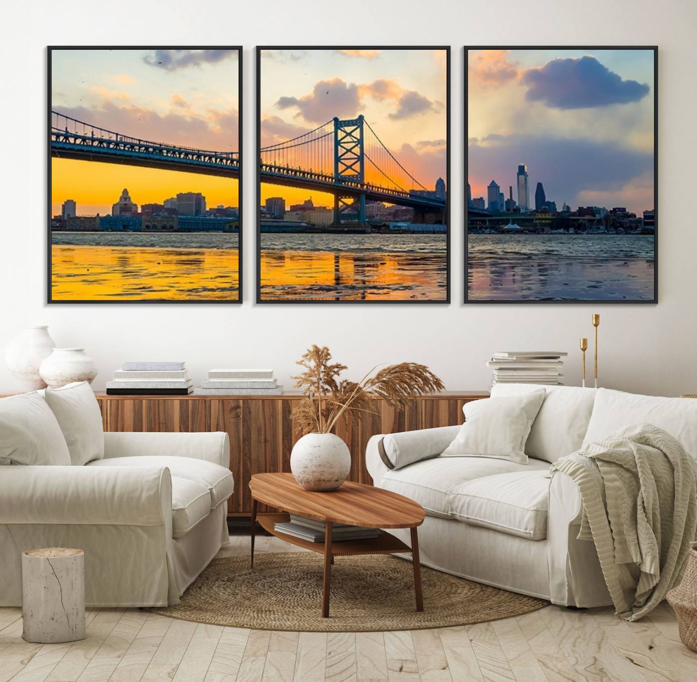 20098-MGV-FC-60X30-3P_Black-Ben Franklin Bridge Wall Art Print – Philadelphia Skyline Sunset Canvas Wall Art