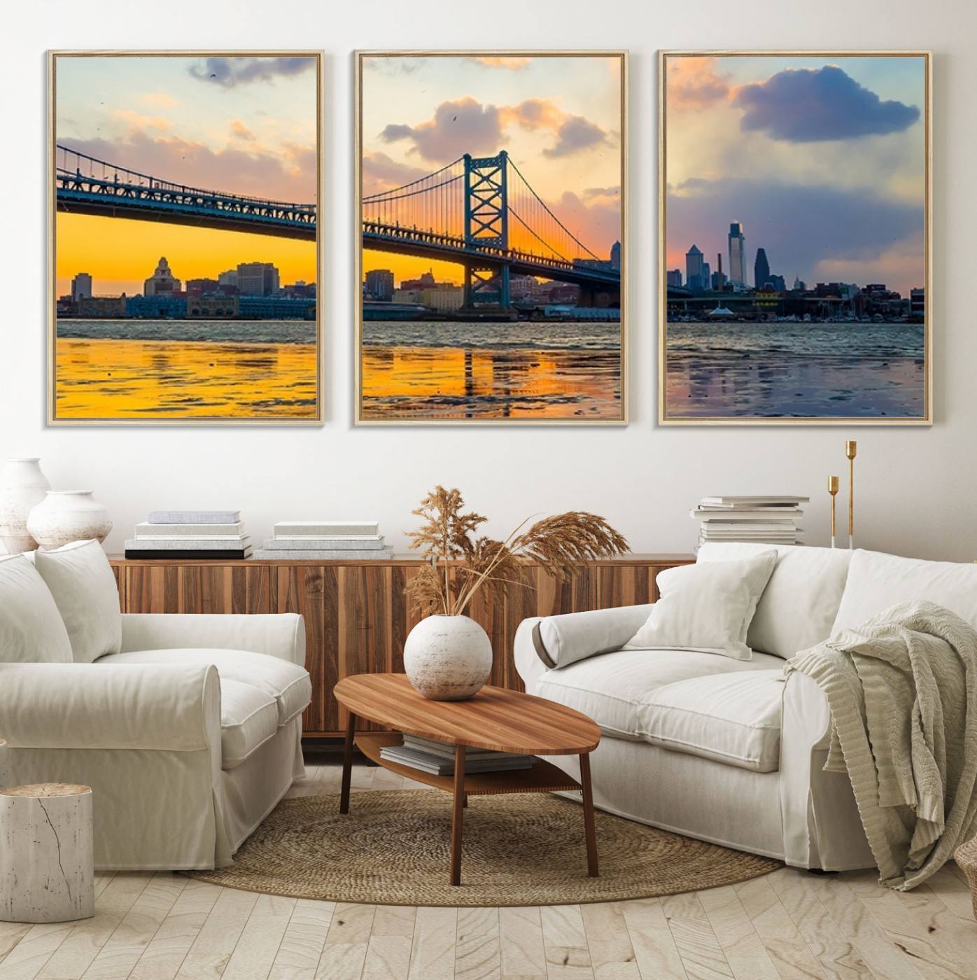 20098-MGV-FC-60X30-3P_Natural-Ben Franklin Bridge Wall Art Print – Philadelphia Skyline Sunset Canvas Wall Art