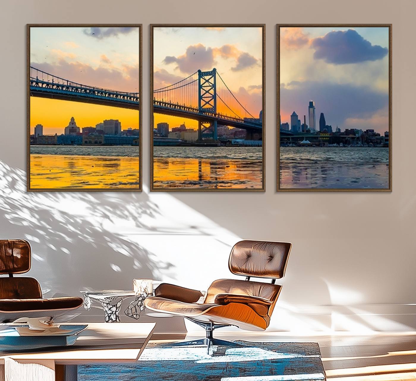 20098-MGV-FC-60X30-3P_Walnut-Ben Franklin Bridge Wall Art Print – Philadelphia Skyline Sunset Canvas Wall Art