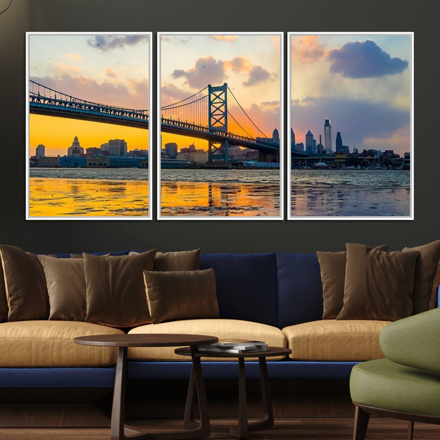 20098-MGV-FC-60X30-3P_White-Ben Franklin Bridge Wall Art Print – Philadelphia Skyline Sunset Canvas Wall Art