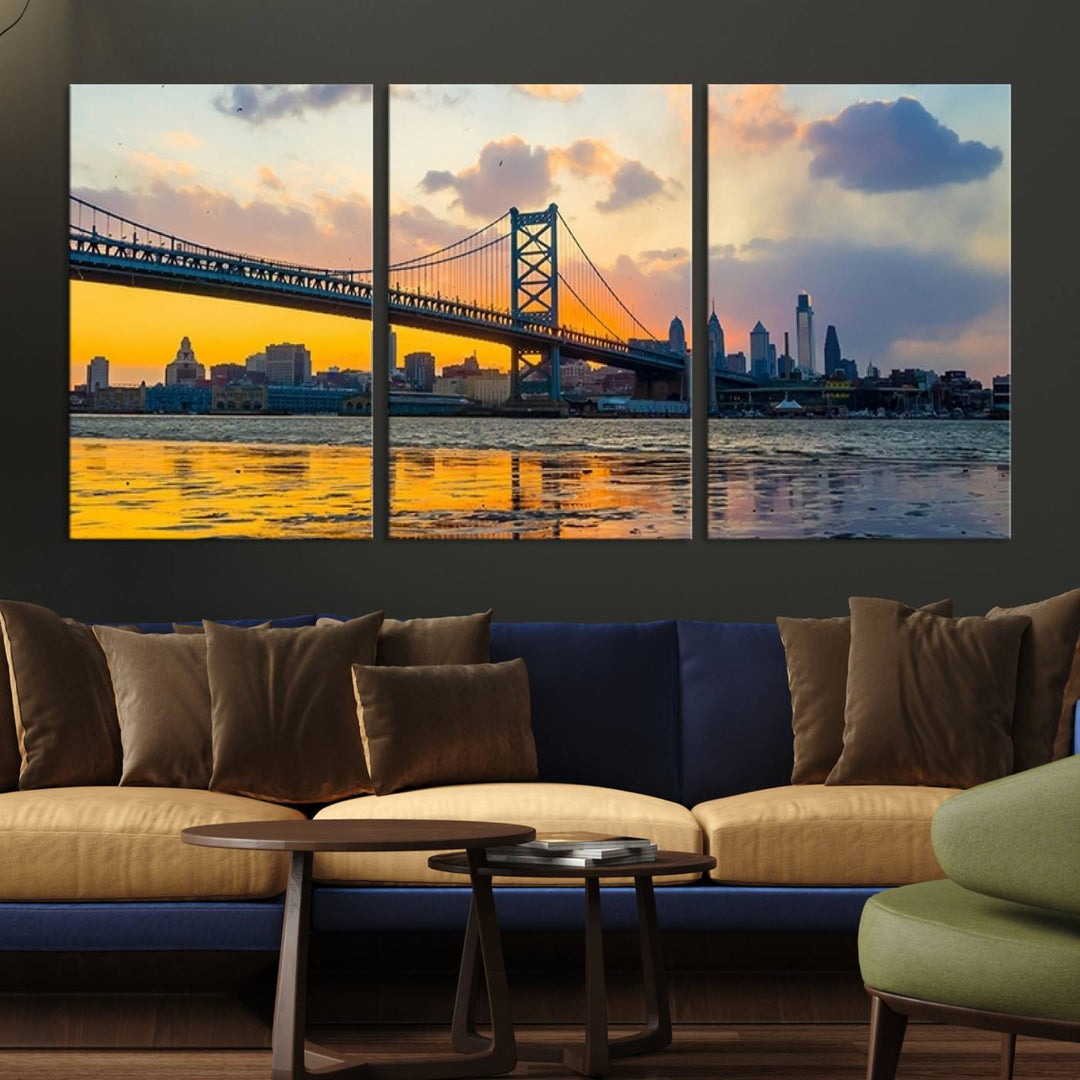 Ben Franklin Bridge Wall Art Print – Philadelphia Skyline Sunset Canvas Wall Art