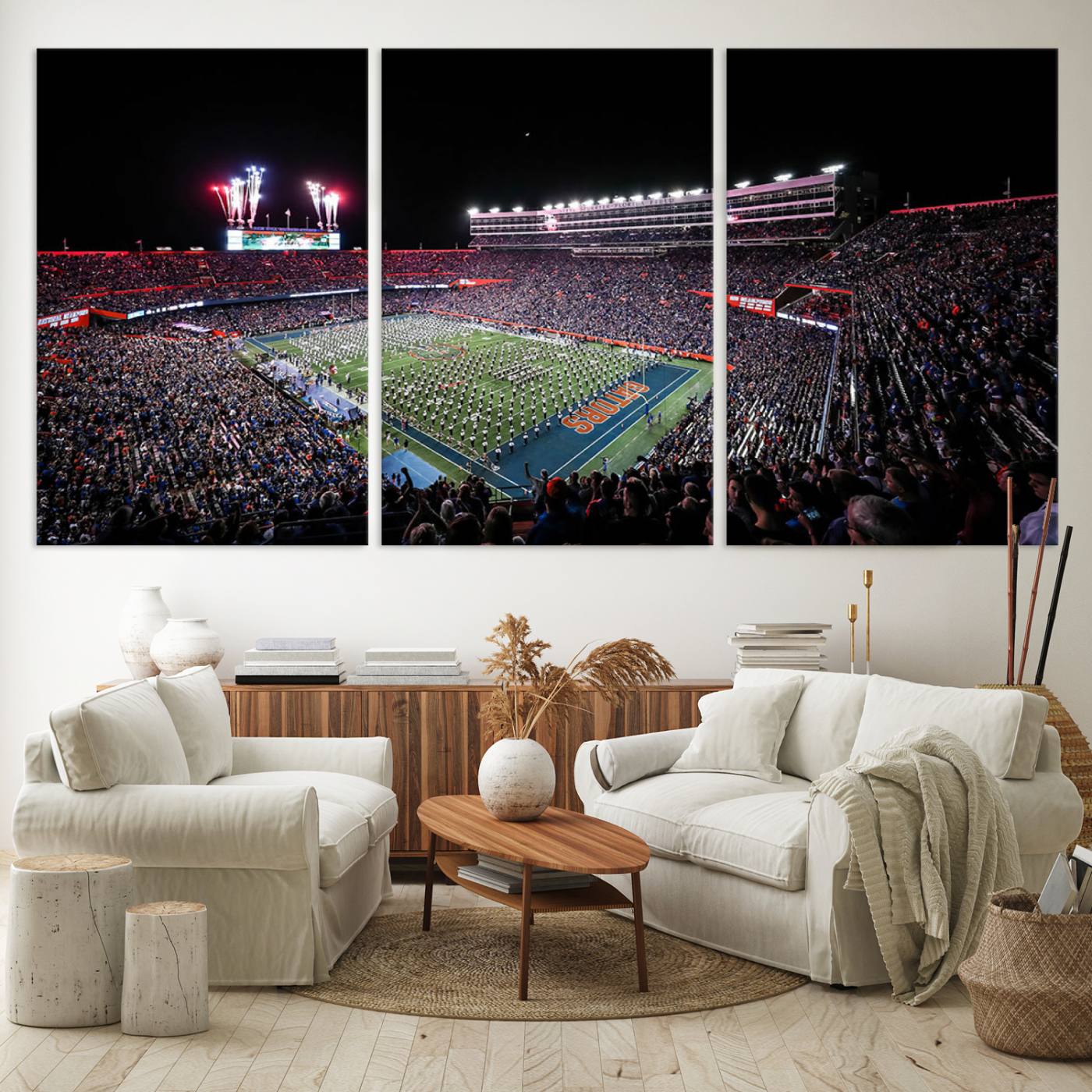 Ben Hill Griffin Stadium Night Game Triple Canvas Wall Art - Florida Gators Football Match