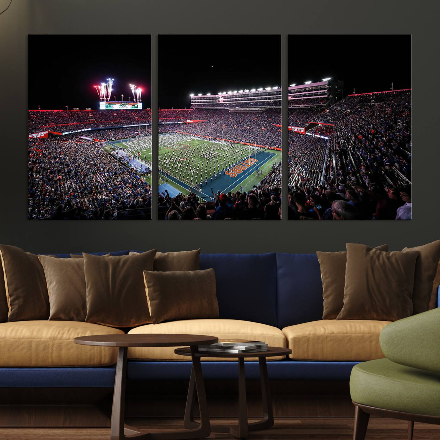 Ben Hill Griffin Stadium Night Game Triple Canvas Wall Art - Florida Gators Football Match