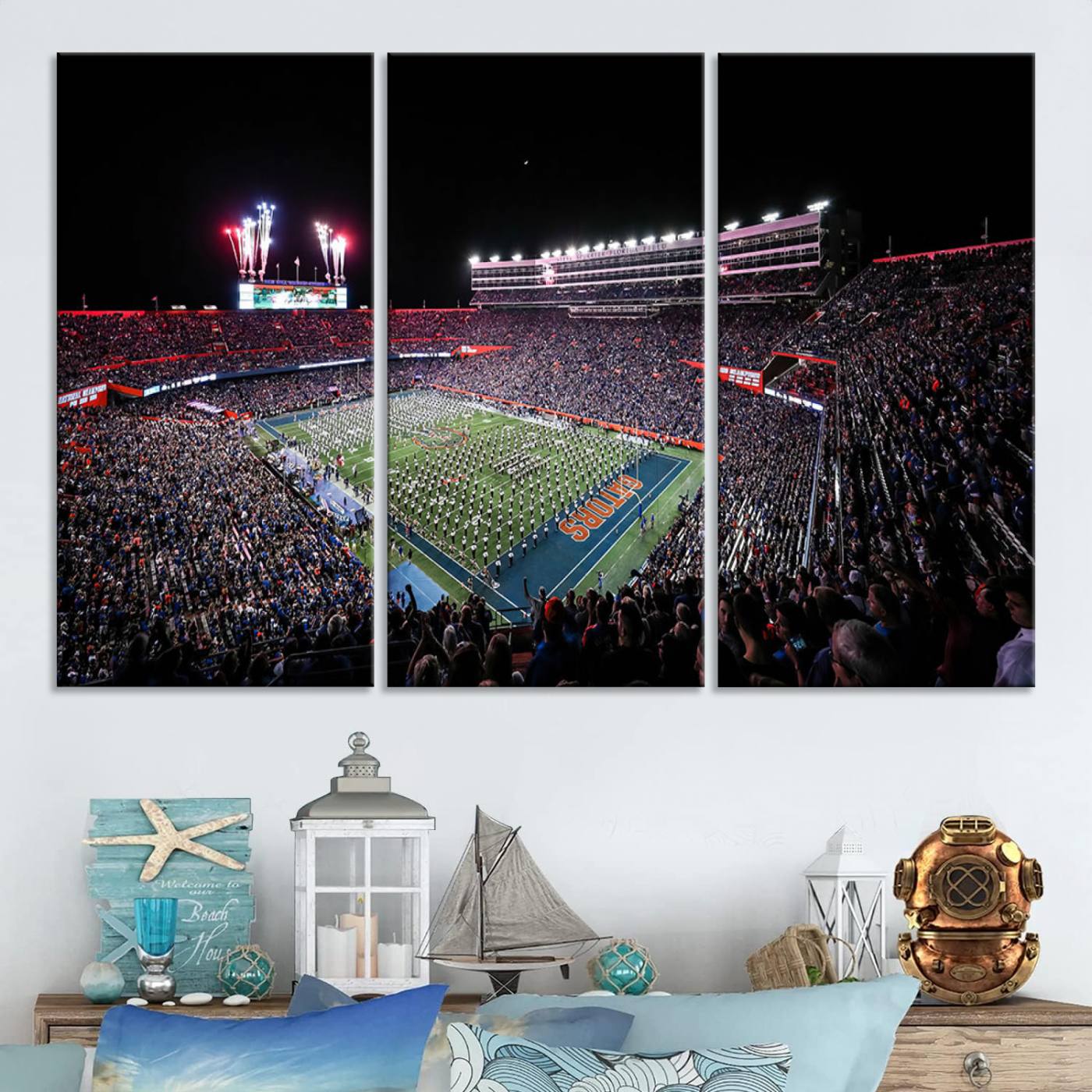 Ben Hill Griffin Stadium Night Game Triple Canvas Wall Art - Florida Gators Football Match