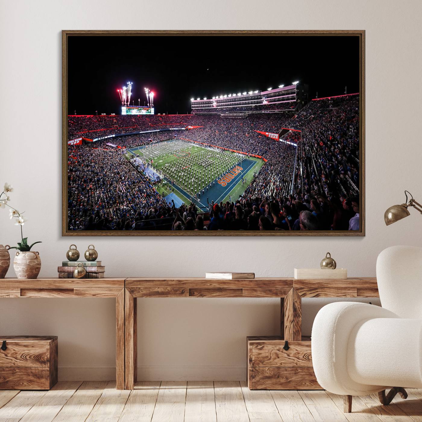 46899-MGV-FC-36X24_Walnut-Ben Hill Griffin Stadium Night Game Triple Canvas Wall Art - Florida Gators Football Match