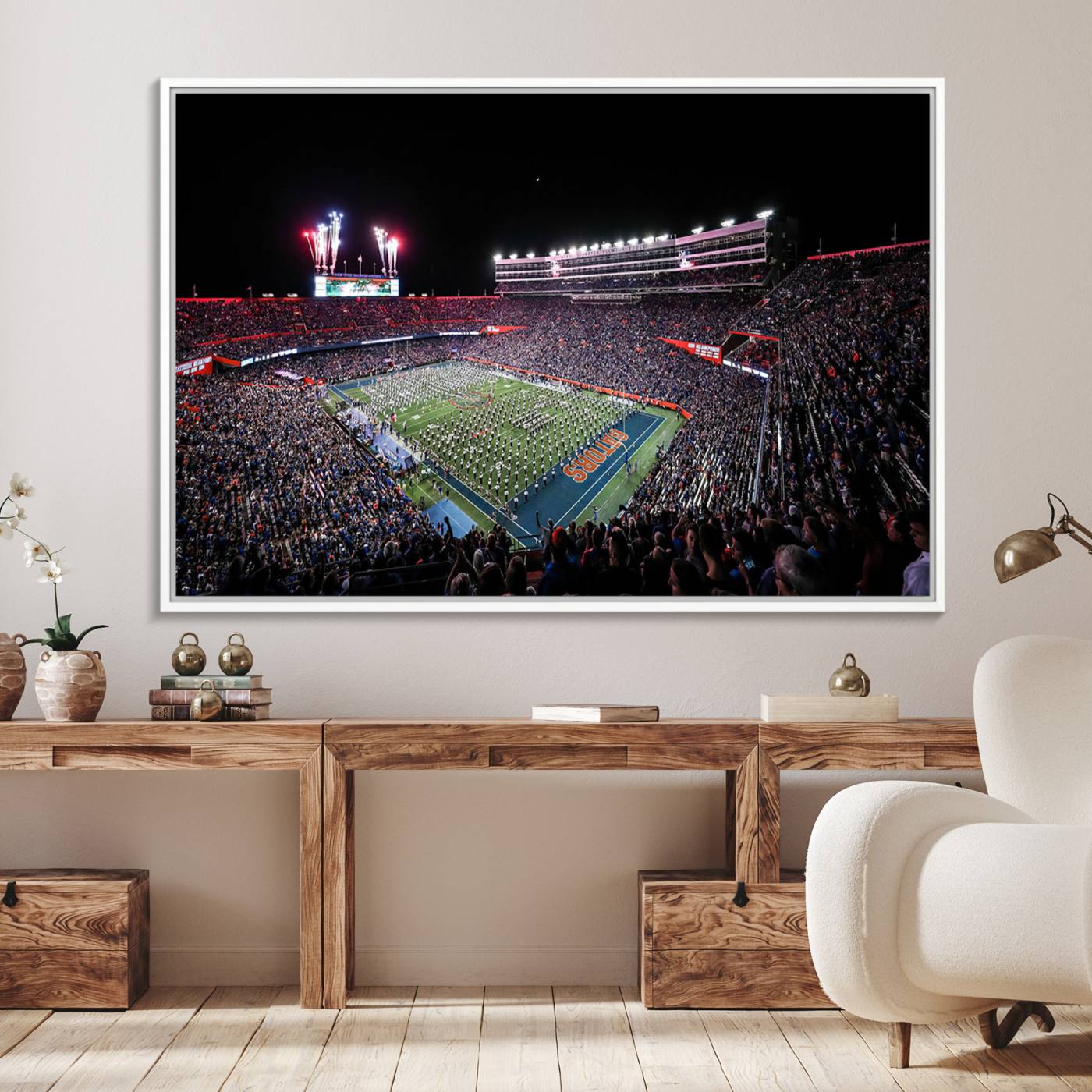 46899-MGV-FC-36X24_White-Ben Hill Griffin Stadium Night Game Triple Canvas Wall Art - Florida Gators Football Match