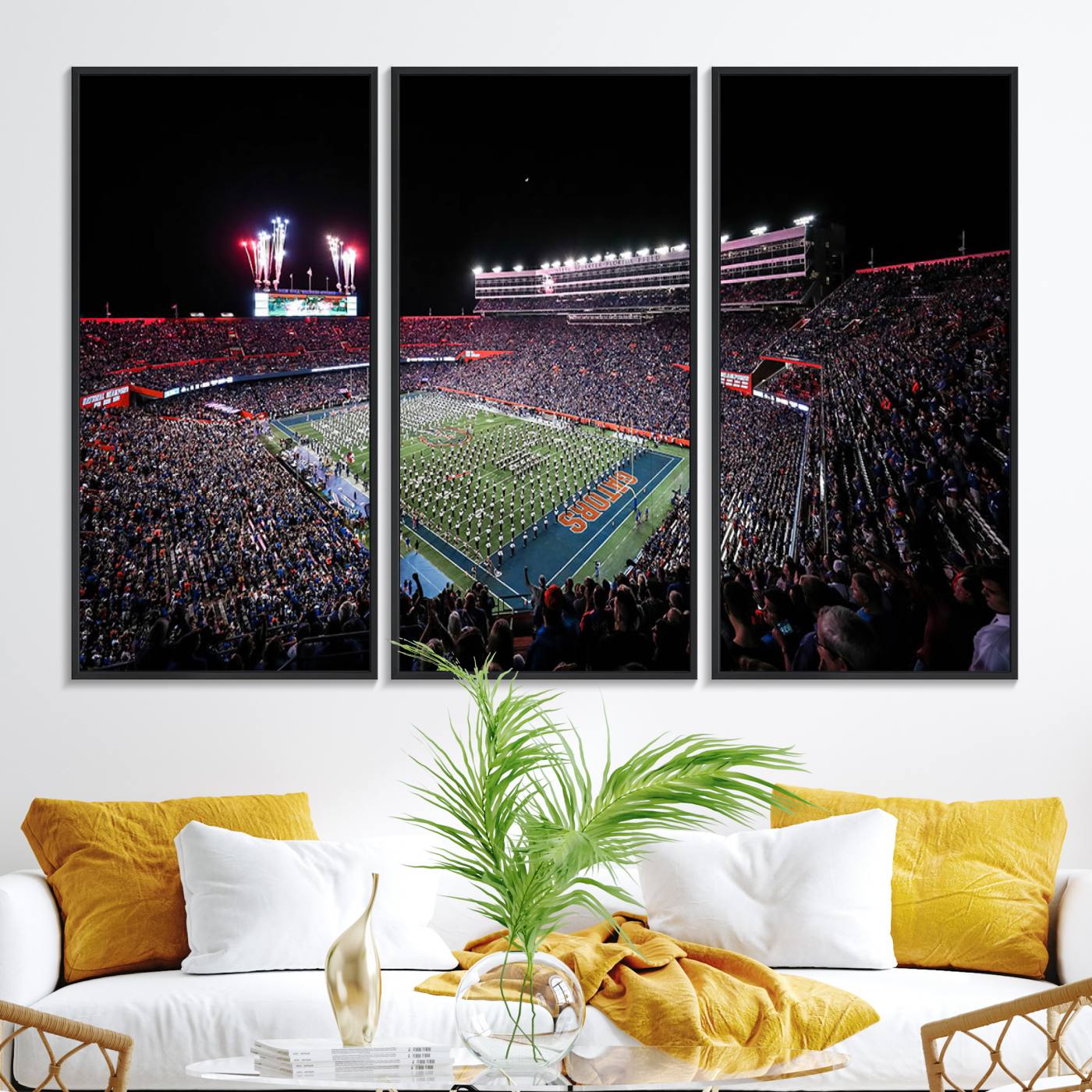 46899-MGV-FC-48X32-3P_Black-Ben Hill Griffin Stadium Night Game Triple Canvas Wall Art - Florida Gators Football Match