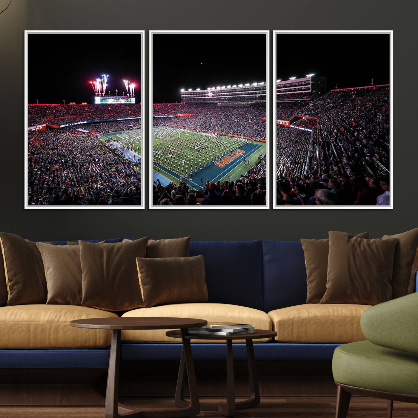 46899-MGV-FC-60X30-3P_White-Ben Hill Griffin Stadium Night Game Triple Canvas Wall Art - Florida Gators Football Match
