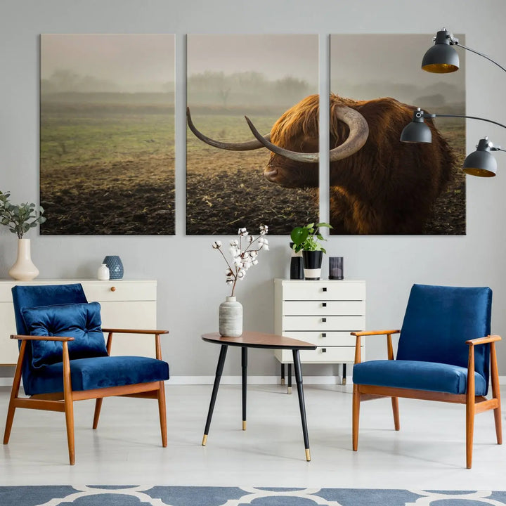 The "Big Cow Horn Wall Art Canvas Print" is a hand-assembled framed canvas depicting a Highland cow in a misty field. It is crafted with a UV-protective coating to ensure lasting vibrancy.