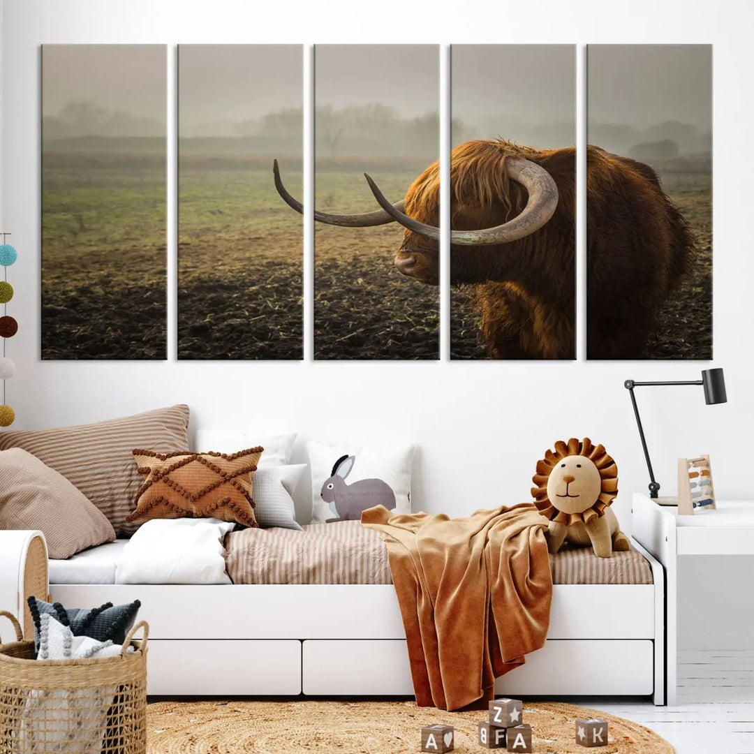 The "Big Cow Horn Wall Art Canvas Print" is a hand-assembled framed canvas depicting a Highland cow in a misty field. It is crafted with a UV-protective coating to ensure lasting vibrancy.