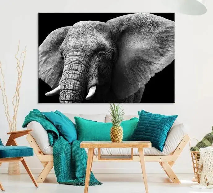 The "Big Elephant Close Up Wall Art Canvas Print" showcases a striking black and white elephant design. Printed on museum-quality canvas with a UV-protective coating, it is ready to hang and effortlessly combines elegance and style in any room.