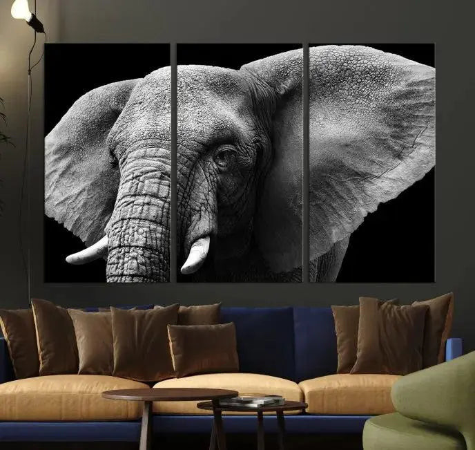 The "Big Elephant Close Up Wall Art Canvas Print" showcases a striking black and white elephant design. Printed on museum-quality canvas with a UV-protective coating, it is ready to hang and effortlessly combines elegance and style in any room.