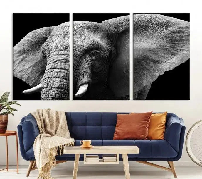 The "Big Elephant Close Up Wall Art Canvas Print" showcases a striking black and white elephant design. Printed on museum-quality canvas with a UV-protective coating, it is ready to hang and effortlessly combines elegance and style in any room.