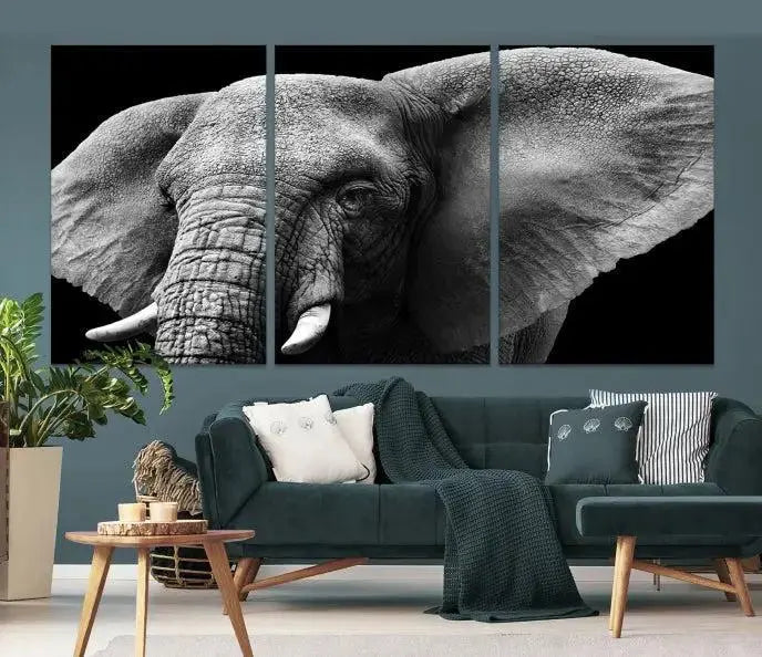 The "Big Elephant Close Up Wall Art Canvas Print" showcases a striking black and white elephant design. Printed on museum-quality canvas with a UV-protective coating, it is ready to hang and effortlessly combines elegance and style in any room.