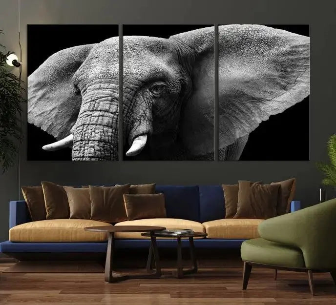 The "Big Elephant Close Up Wall Art Canvas Print" showcases a striking black and white elephant design. Printed on museum-quality canvas with a UV-protective coating, it is ready to hang and effortlessly combines elegance and style in any room.