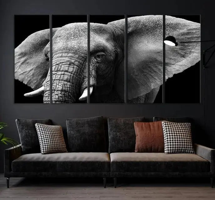 The "Big Elephant Close Up Wall Art Canvas Print" showcases a striking black and white elephant design. Printed on museum-quality canvas with a UV-protective coating, it is ready to hang and effortlessly combines elegance and style in any room.