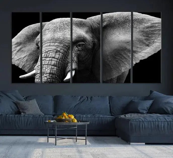 The "Big Elephant Close Up Wall Art Canvas Print" showcases a striking black and white elephant design. Printed on museum-quality canvas with a UV-protective coating, it is ready to hang and effortlessly combines elegance and style in any room.