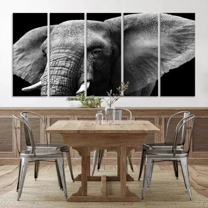 The "Big Elephant Close Up Wall Art Canvas Print" showcases a striking black and white elephant design. Printed on museum-quality canvas with a UV-protective coating, it is ready to hang and effortlessly combines elegance and style in any room.