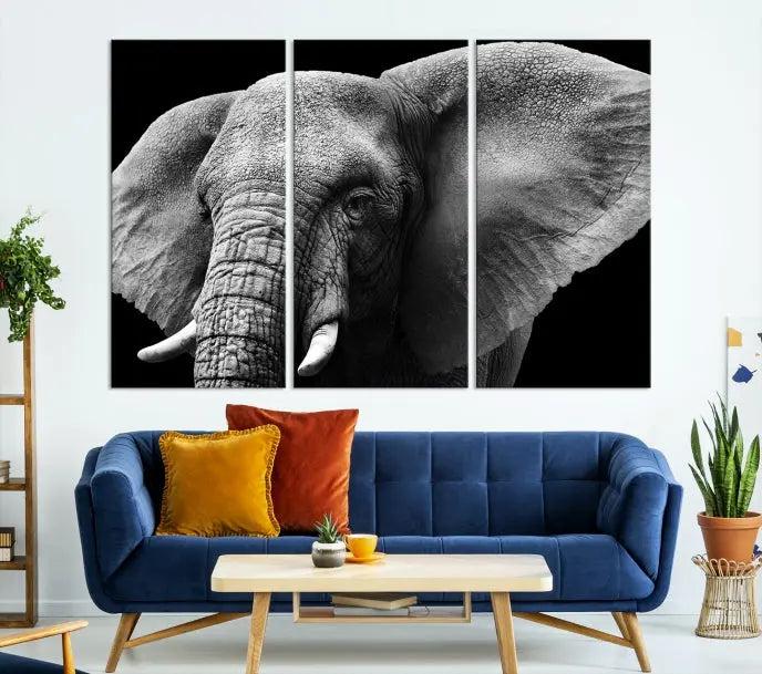 The "Big Elephant Close Up Wall Art Canvas Print" showcases a striking black and white elephant design. Printed on museum-quality canvas with a UV-protective coating, it is ready to hang and effortlessly combines elegance and style in any room.