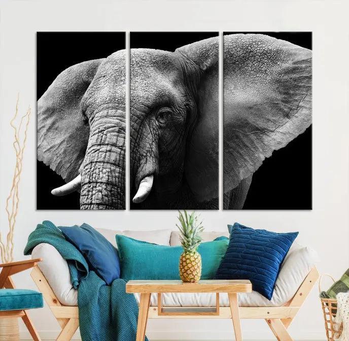 The "Big Elephant Close Up Wall Art Canvas Print" showcases a striking black and white elephant design. Printed on museum-quality canvas with a UV-protective coating, it is ready to hang and effortlessly combines elegance and style in any room.