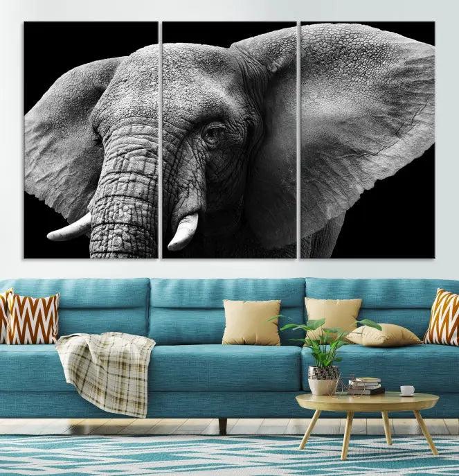 The "Big Elephant Close Up Wall Art Canvas Print" showcases a striking black and white elephant design. Printed on museum-quality canvas with a UV-protective coating, it is ready to hang and effortlessly combines elegance and style in any room.