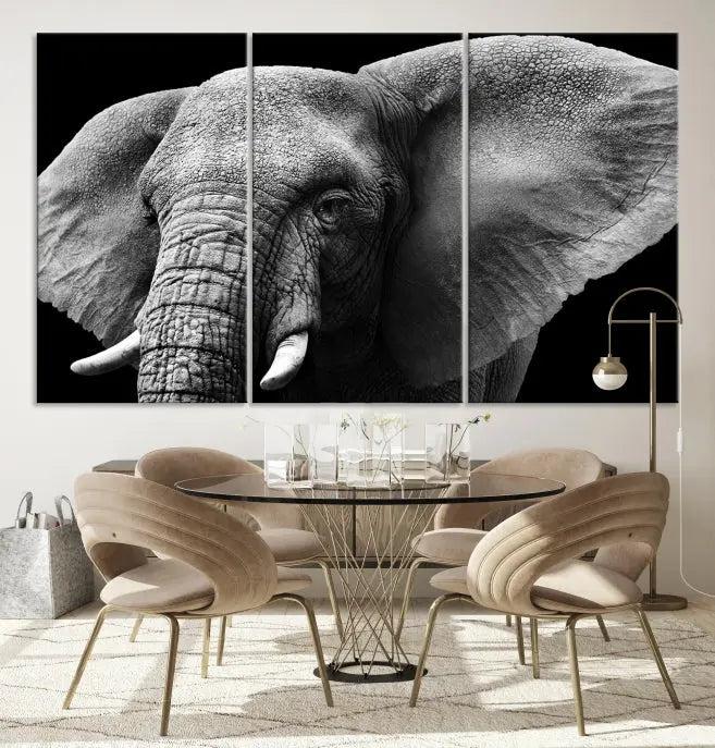 The "Big Elephant Close Up Wall Art Canvas Print" showcases a striking black and white elephant design. Printed on museum-quality canvas with a UV-protective coating, it is ready to hang and effortlessly combines elegance and style in any room.