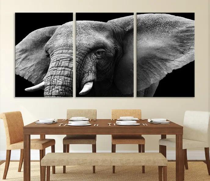 The "Big Elephant Close Up Wall Art Canvas Print" showcases a striking black and white elephant design. Printed on museum-quality canvas with a UV-protective coating, it is ready to hang and effortlessly combines elegance and style in any room.