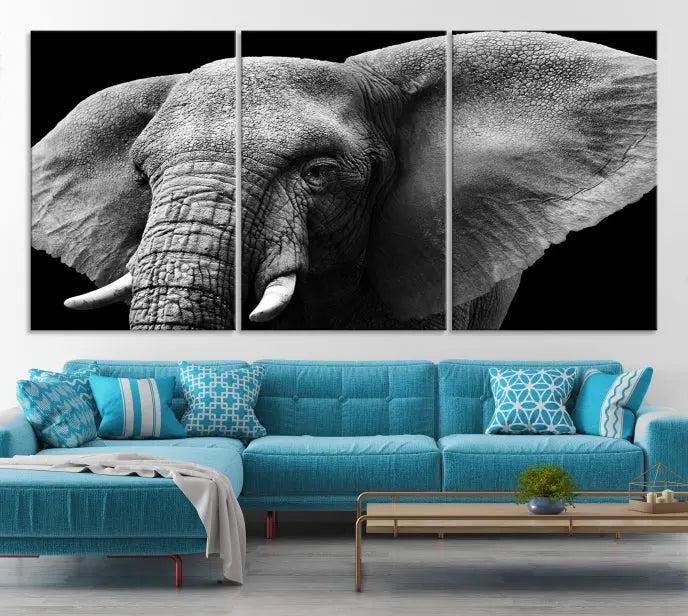 The "Big Elephant Close Up Wall Art Canvas Print" showcases a striking black and white elephant design. Printed on museum-quality canvas with a UV-protective coating, it is ready to hang and effortlessly combines elegance and style in any room.