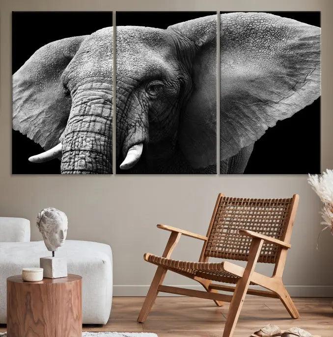 The "Big Elephant Close Up Wall Art Canvas Print" showcases a striking black and white elephant design. Printed on museum-quality canvas with a UV-protective coating, it is ready to hang and effortlessly combines elegance and style in any room.