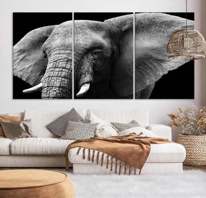 The "Big Elephant Close Up Wall Art Canvas Print" showcases a striking black and white elephant design. Printed on museum-quality canvas with a UV-protective coating, it is ready to hang and effortlessly combines elegance and style in any room.