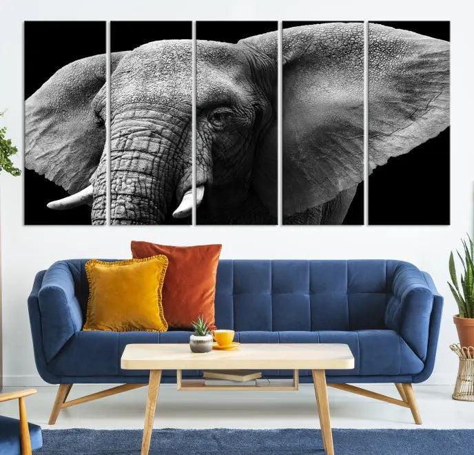 The "Big Elephant Close Up Wall Art Canvas Print" showcases a striking black and white elephant design. Printed on museum-quality canvas with a UV-protective coating, it is ready to hang and effortlessly combines elegance and style in any room.