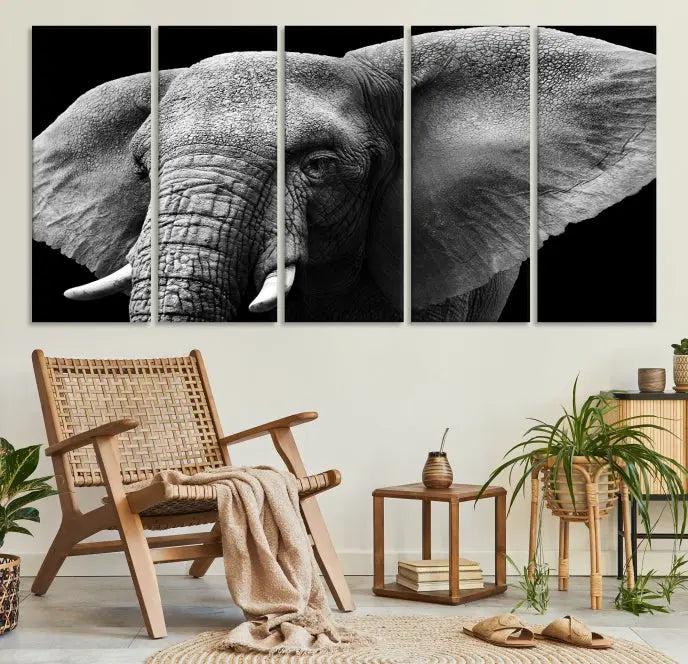 The "Big Elephant Close Up Wall Art Canvas Print" showcases a striking black and white elephant design. Printed on museum-quality canvas with a UV-protective coating, it is ready to hang and effortlessly combines elegance and style in any room.