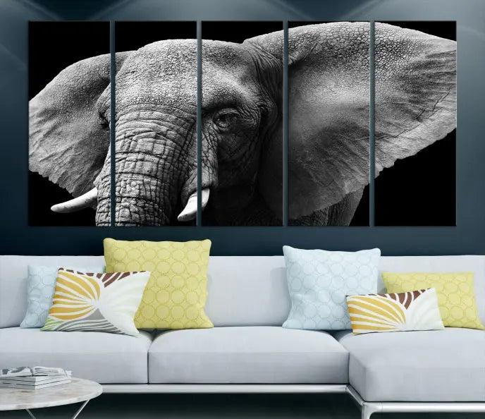 The "Big Elephant Close Up Wall Art Canvas Print" showcases a striking black and white elephant design. Printed on museum-quality canvas with a UV-protective coating, it is ready to hang and effortlessly combines elegance and style in any room.