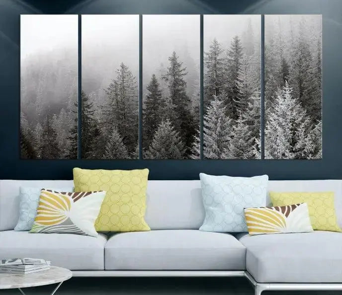 The living room's wall is adorned with the "Big Foggy Forest and Misty Trees Forest Wall Art Canvas Print," which adds an elegant touch to the space.