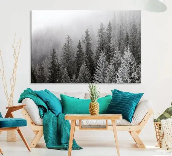 The living room's wall is adorned with the "Big Foggy Forest and Misty Trees Forest Wall Art Canvas Print," which adds an elegant touch to the space.