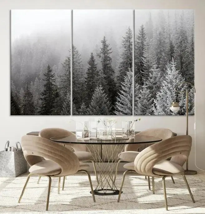 The living room's wall is adorned with the "Big Foggy Forest and Misty Trees Forest Wall Art Canvas Print," which adds an elegant touch to the space.