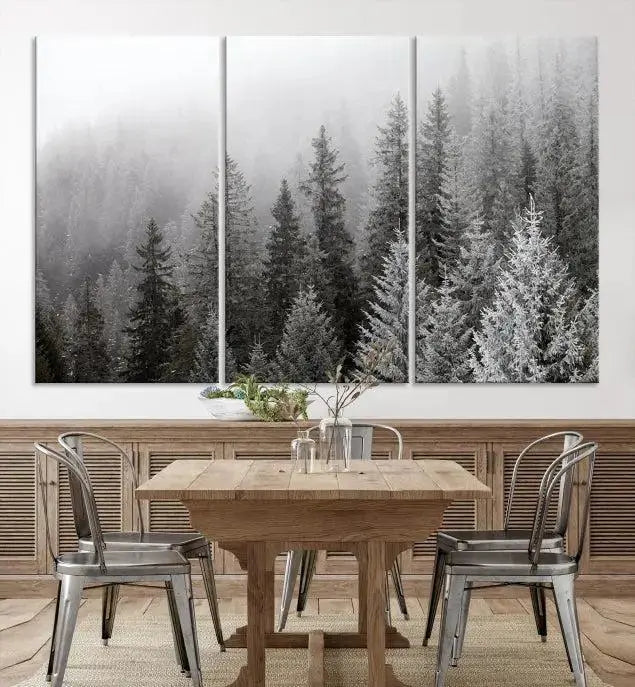 The living room's wall is adorned with the "Big Foggy Forest and Misty Trees Forest Wall Art Canvas Print," which adds an elegant touch to the space.