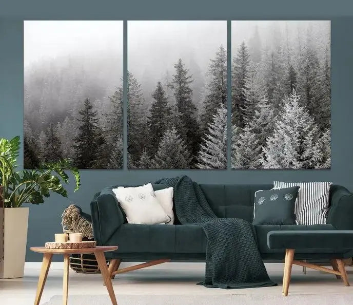 The living room's wall is adorned with the "Big Foggy Forest and Misty Trees Forest Wall Art Canvas Print," which adds an elegant touch to the space.