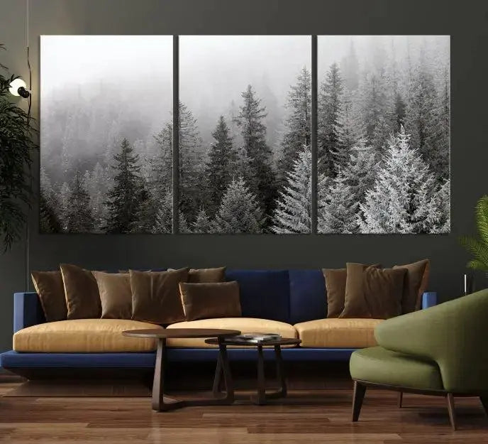 The living room's wall is adorned with the "Big Foggy Forest and Misty Trees Forest Wall Art Canvas Print," which adds an elegant touch to the space.