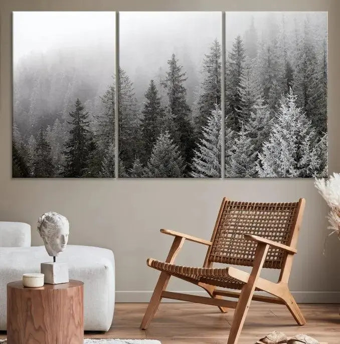 The living room's wall is adorned with the "Big Foggy Forest and Misty Trees Forest Wall Art Canvas Print," which adds an elegant touch to the space.