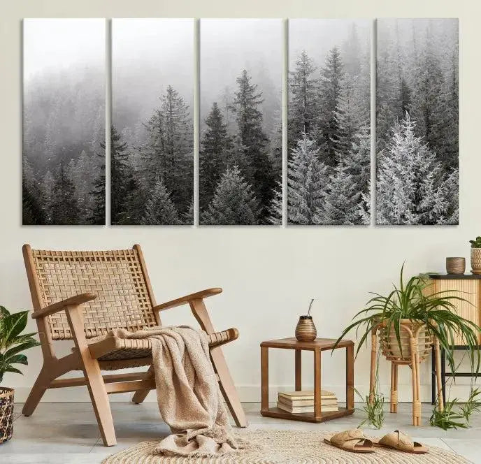 The living room's wall is adorned with the "Big Foggy Forest and Misty Trees Forest Wall Art Canvas Print," which adds an elegant touch to the space.