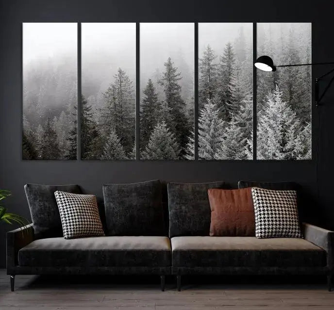 The living room's wall is adorned with the "Big Foggy Forest and Misty Trees Forest Wall Art Canvas Print," which adds an elegant touch to the space.