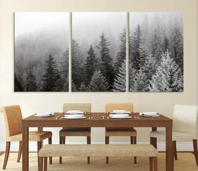 The living room's wall is adorned with the "Big Foggy Forest and Misty Trees Forest Wall Art Canvas Print," which adds an elegant touch to the space.