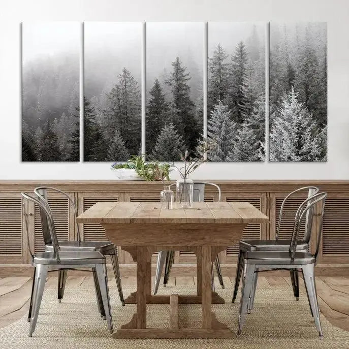 The living room's wall is adorned with the "Big Foggy Forest and Misty Trees Forest Wall Art Canvas Print," which adds an elegant touch to the space.