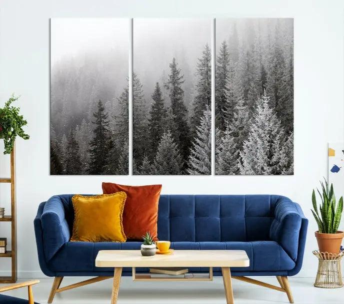 The living room's wall is adorned with the "Big Foggy Forest and Misty Trees Forest Wall Art Canvas Print," which adds an elegant touch to the space.