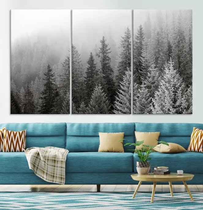 The living room's wall is adorned with the "Big Foggy Forest and Misty Trees Forest Wall Art Canvas Print," which adds an elegant touch to the space.