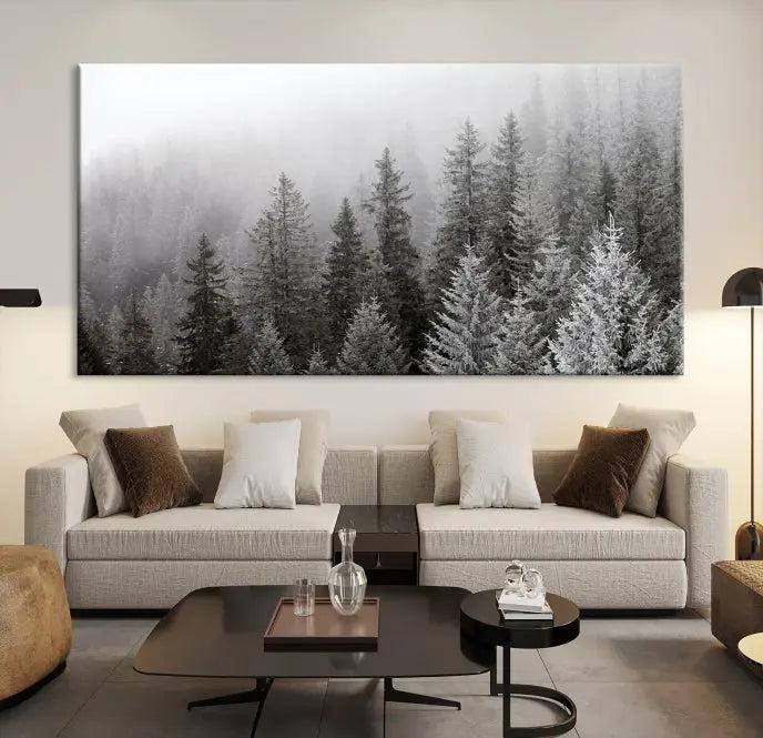 The living room's wall is adorned with the "Big Foggy Forest and Misty Trees Forest Wall Art Canvas Print," which adds an elegant touch to the space.